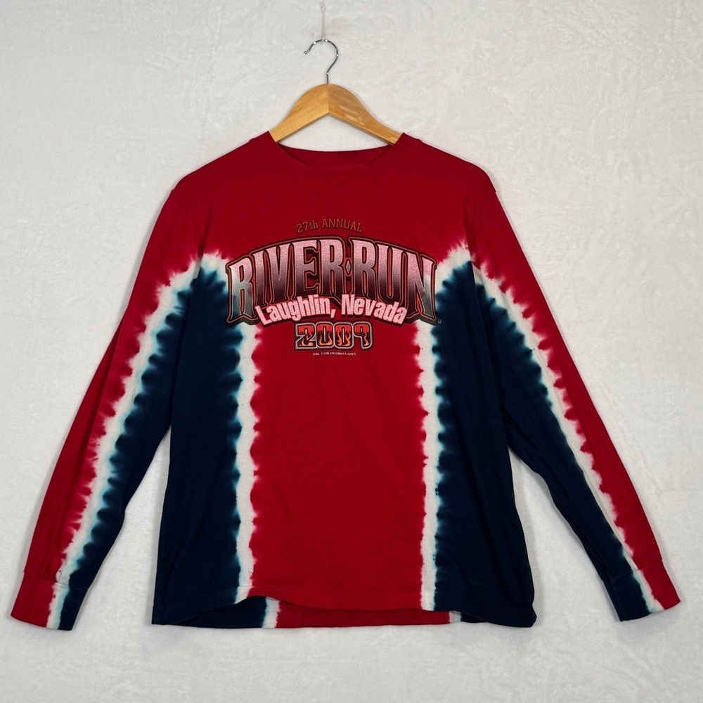 Vintage Red & Blue Tie Dye Laughlin River Run 2009 Biker Graphic Shirt Medium